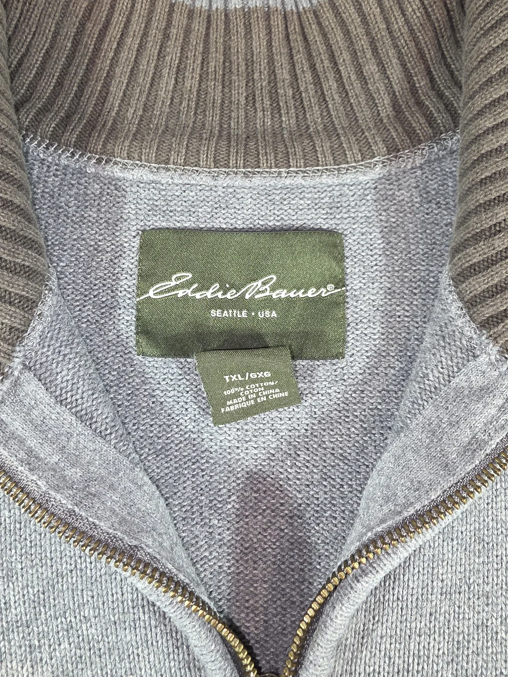 Eddie Bauer Gray Zip-Neck Sweater with Olive Trim